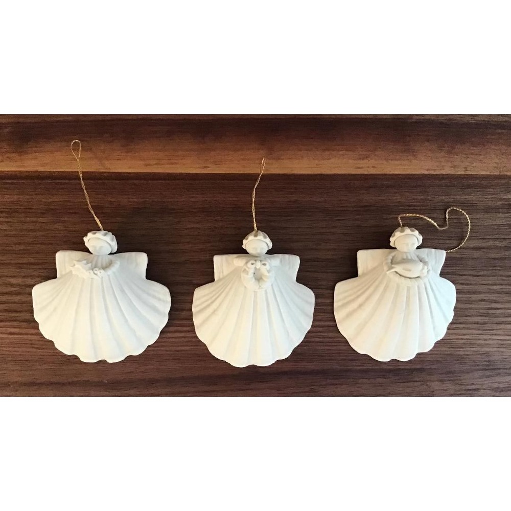 Vintage Maragert Furloug Bisque Porcelain Angel Ornaments Set of 3 White Shell